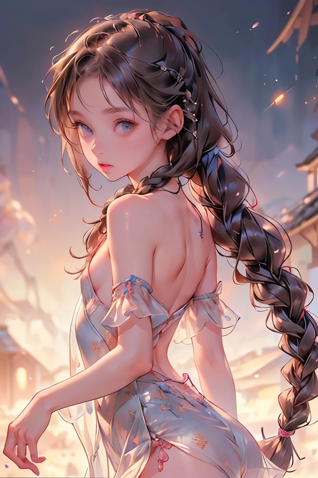  ((best quality)), ((masterpiece)), (detailed), 1girl, (big forhead:1.2),extremely detailed cute anime face, (((flat chest))), (flat chest:1.1),((((long twin braids,tight braids,long braid,braided hair,long hair)))),intricate eyes,beautiful detailed eyes,symmetrical eyes,(((detailed face))),beautiful detailed lips, looking at this, (((embarrassed))),(horrified expression),(panic),(crying),highres,(best quality),(ultra detailed,extremely detailed),perfect face details, ((masterpiece:1.4, best quality))+, (ultra detailed)+, long twintails, cute girl, (flat chest:1.1), small breasts, slim body, skinny, (narrow hips), prominent collarbones, skinny arms, flat stomach, visible hip bones, long hair, red hair, white hair, blonde hair, dark hair, ponytail, thick ponytail, heavy ponytail, small breasts, perfect face, small breasts (flat chest:1.1), NSFW, long revealing gown,Detailed body，Full limbs，(from behind), (turning), NSFW, (flat chest:1.1), nude 
