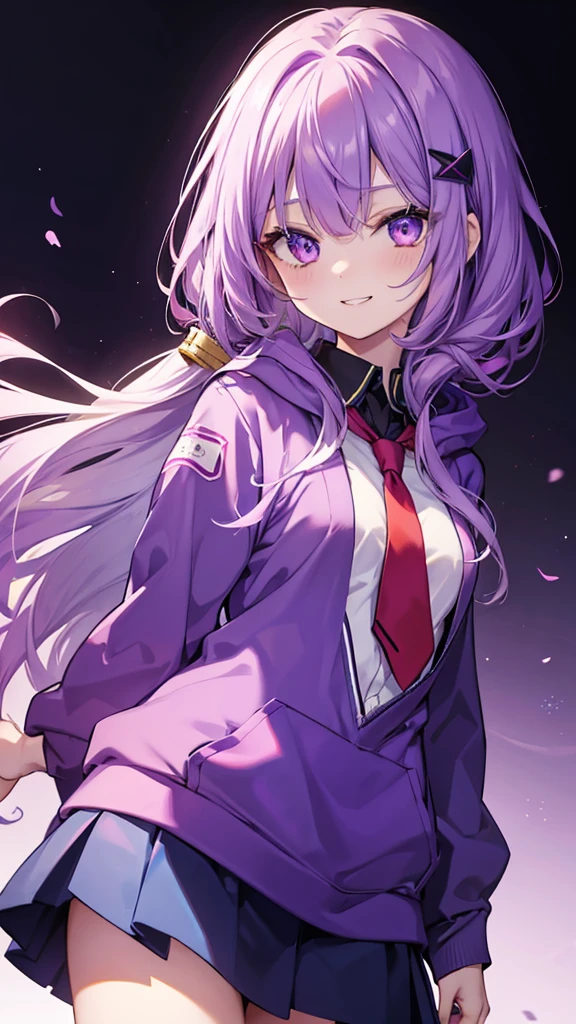 One girl, Long Hair, Purple Hair, Simple Background, Purple eyes, Illustration, Small breasts,student,blouse,Red tie,Blue Skirt,Blue right eye,Yellow left eye,Put on a grey hoodie、Odd Eye,Smiling with teeth showing, Character portrait, Barrette,