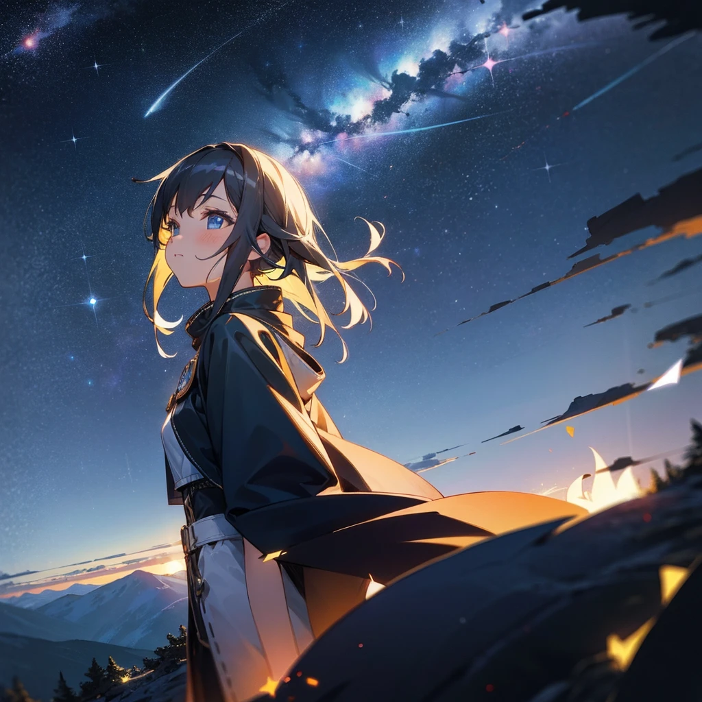 beautiful girl, At the top of the mountain, Night view, Night Sky, Starry Sky, Asahi