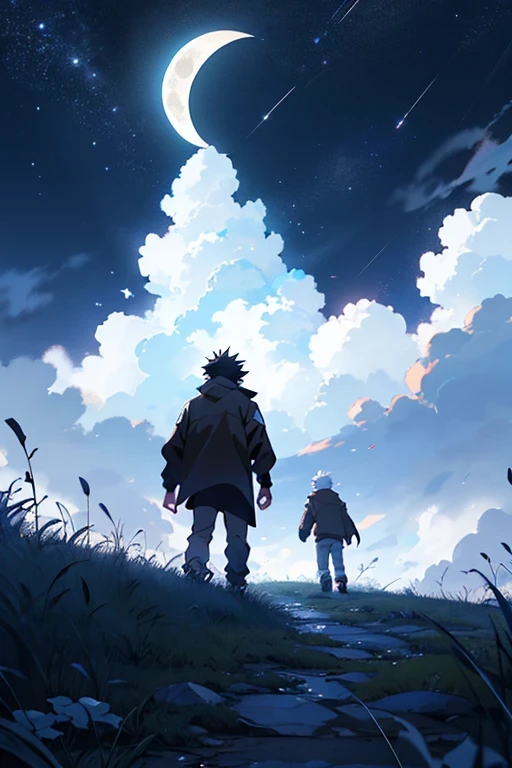 There should be black sky and there should be a lonely boy with his being close to the ground and there should be blue sky with the moon, make an anime