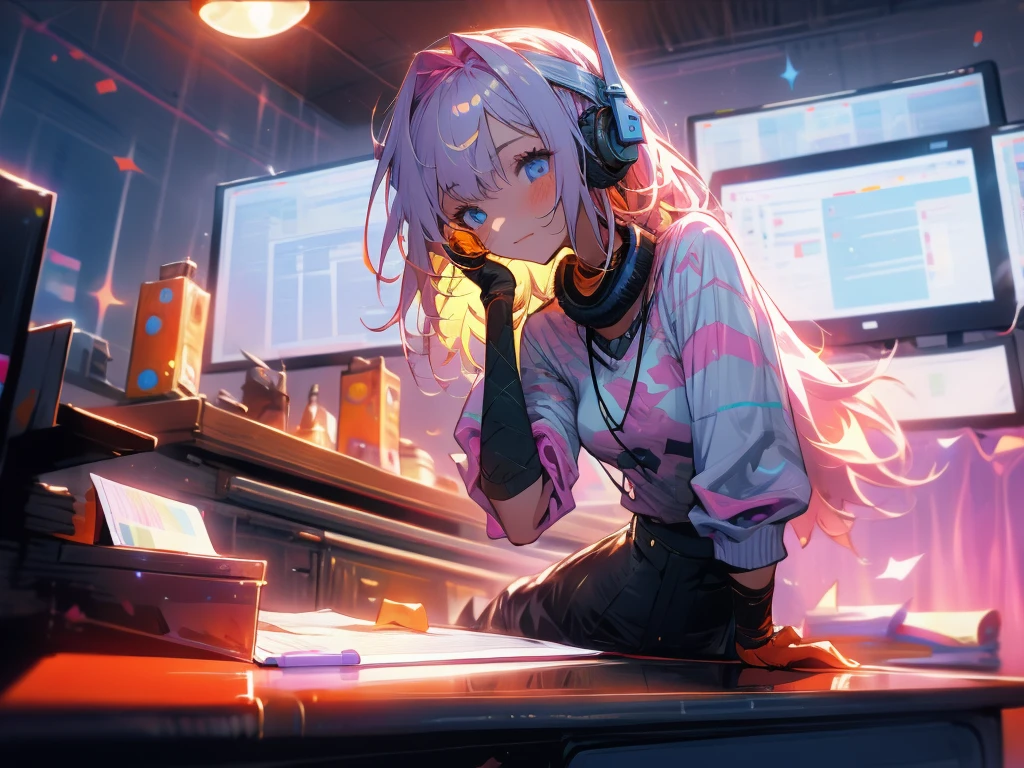 A girl studying at a desk with headphones on in a dimly lit room at night