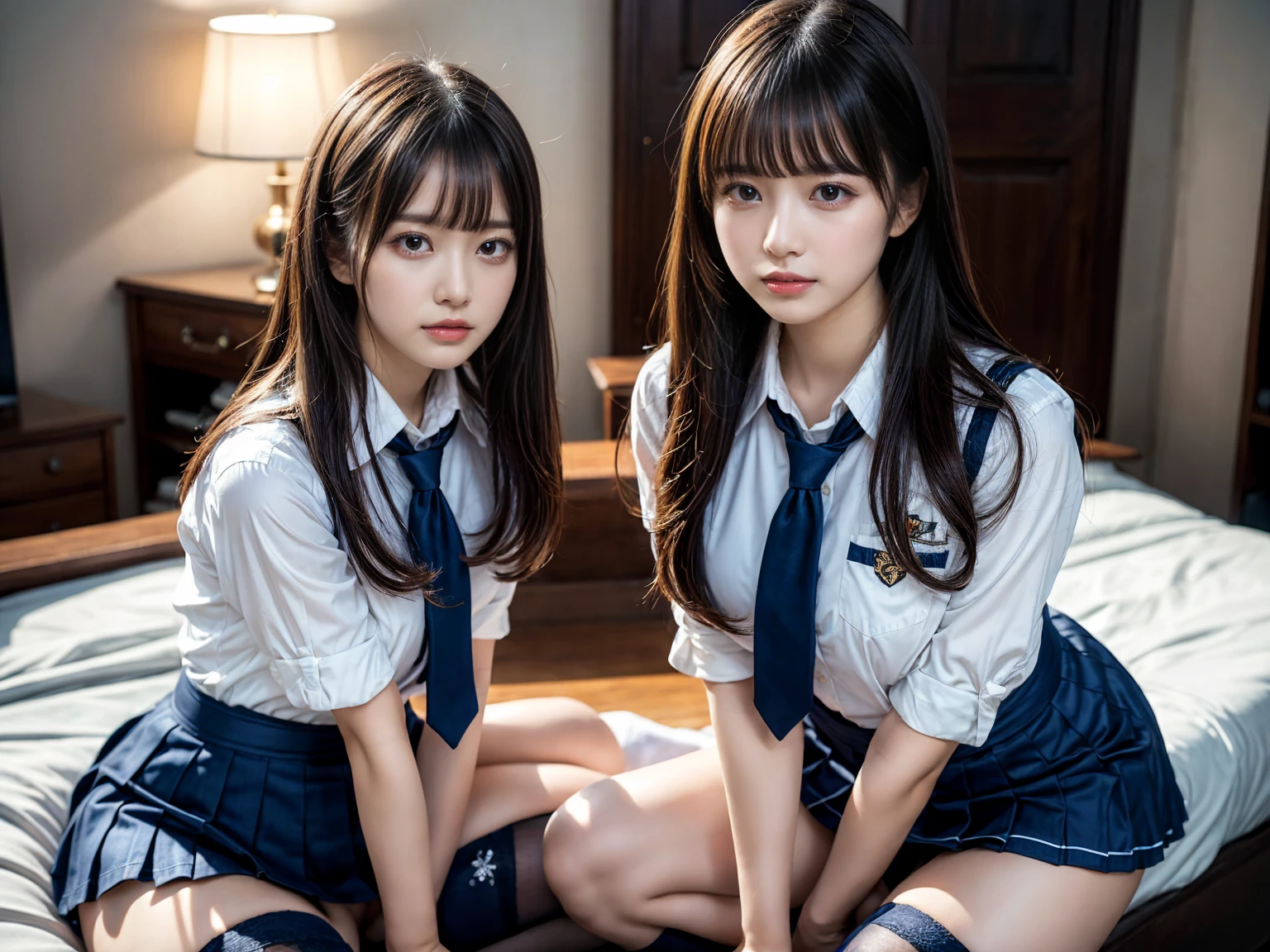 (8K, Raw photography, top-quality, masterpiece:1.2), master piece, best quality, illustration, Super detailed, fine details, High resolution, 8K,wall paper, perfect dynamic composition,(Details High quality, realistic depiction of eyes:1.3), ((2 girls, 2 schoolgirls)), The background is a luxury hotel room、High school girl uniform、blazer 、Super Short Check Uniform Skirt、Navy blue high socks、garterbelts、Colossal tits、Disturbed uniform, Play with each other,Touching each other's bodies,Touching the body of the girl next door, short bob hair, black hair color, huge breasts, Big Natural Color Lip, bold sexy pose, (perfect body shape), crying a little、cold gaze, Beautiful makeup,glitter makeup,Cutest 18 years old, beautiful legs, hposing Gravure Idol, Voluptuous thighs