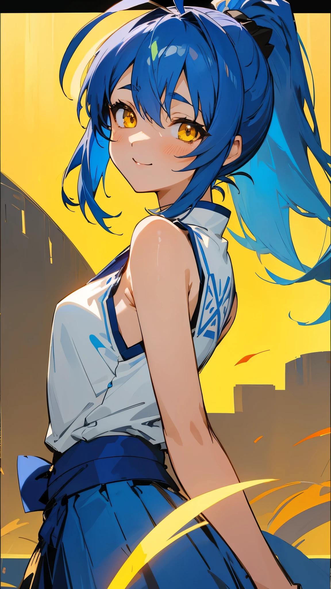 1 girl、Anime style painting、Small breasts、Ultramarine colored hair、ponytail、Glowing yellow eyes、Bangs between the eyes、Ahoge、From the side、Sleeveless shirt with ethnic pattern、 skirt、Upper body close-up、smile、Relaxed smile、Rural Village
