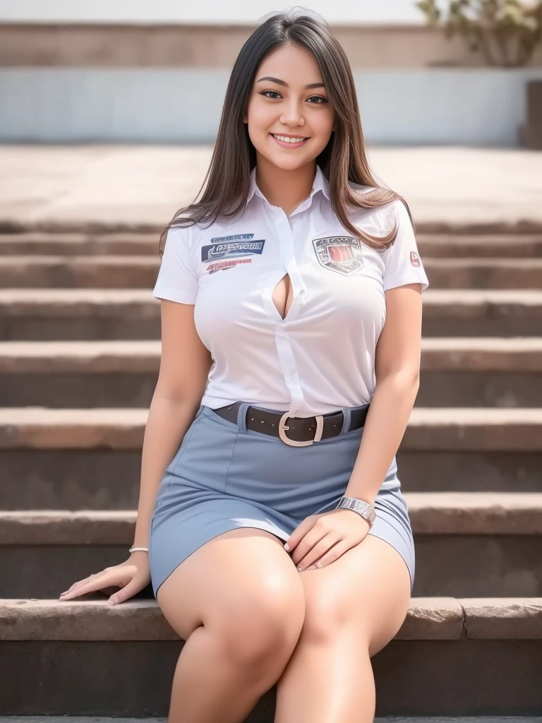 1girl, solo, 19 years old, (uniform), detailed Metropolitan city at the background, seductive pose, thick breasts, semi-curvy body, smooth realistic skin, cute smile, white shirt, grey blue short skirt, looking at the audience, high angle shot,(8k, RAW photo, best quality, masterpiece: 1.4), (realistic, realistic: 1.37), ultra-high resolution, cowboy shot