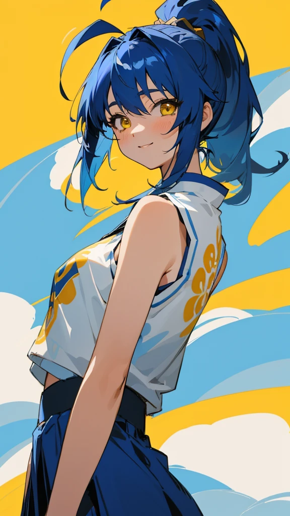 1 girl、Anime style painting、Small breasts、Ultramarine colored hair、ponytail、Glowing yellow eyes、Bangs between the eyes、Ahoge、From the side、Sleeveless shirt with ethnic pattern、 skirt、Upper body close-up、smile、Relaxed smile、Rural Village