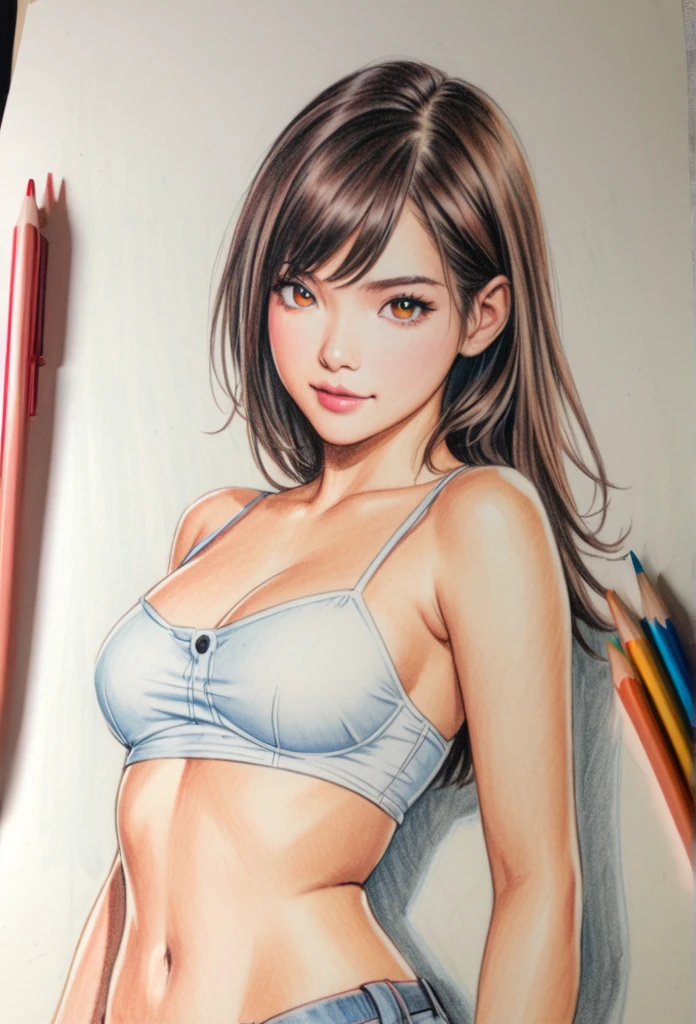 female,short camisole,white,Art,ad,colour pencil drawing,draft drawing