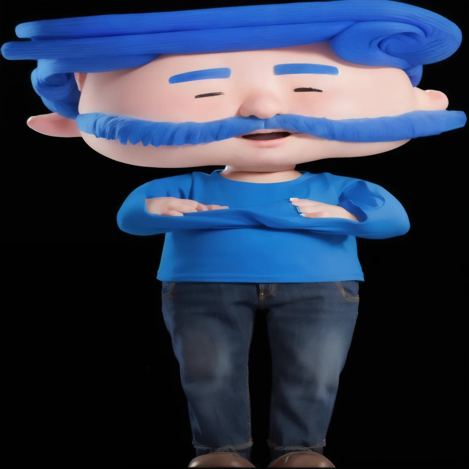 man with blue hair and blue mustache and blue shirt, pouty look,