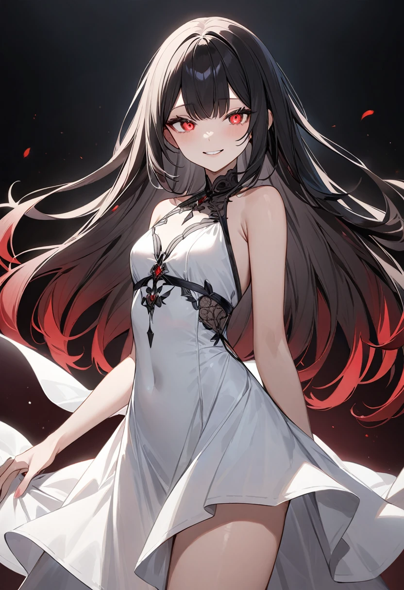 (masterpiece, top quality, very aesthetic, 4k、illustration), intricate detail, 1woman,、solo,contrapposto glowing eyes、,(cowboy shot)、dark persona、(),beautiful face、from side、light smile、straight hair、red to black gradient hair、,middle hair,sidelock ,red　eyes、white Summer Dresses、small breasts、Slim 、