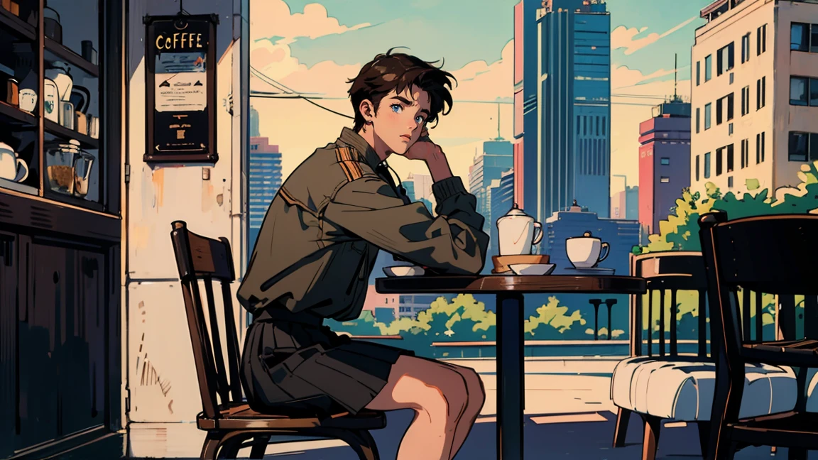 Highest quality, 8k, 1990s style,Hairstyles of the 2010s, 21 year old boy, Brown Hair, Light brown eyes, City Pop, skirt, Wear headphones, whole body, Relax Coffee,table,making,look at me, Cafe