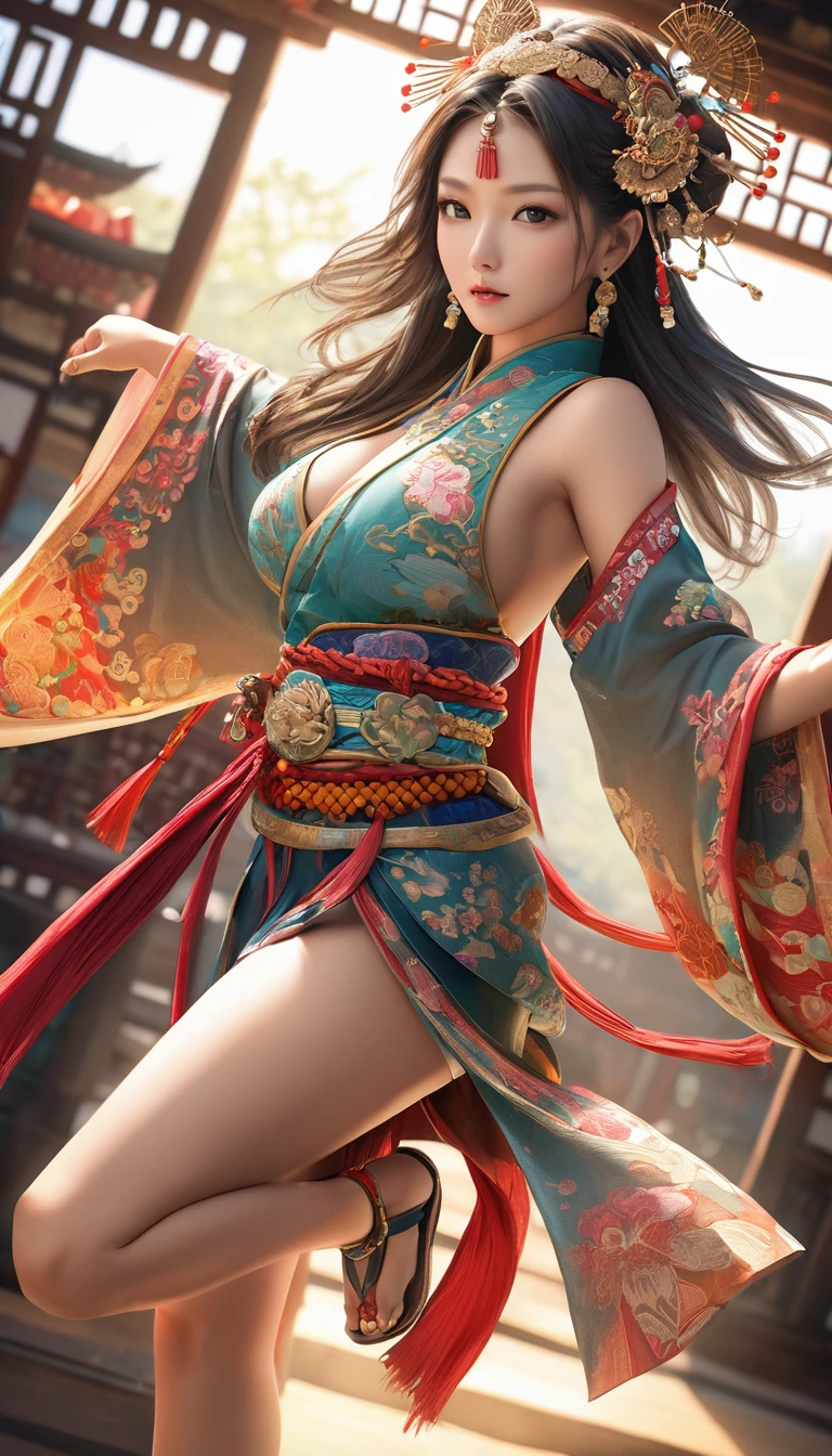Highest quality, Realistic, photoRealistic, Award-winning photography, (Intricate details, Asian Bar: 1.2), (Subtle details), (Intricate details), (Cinematic Light, Super sexy woman, super model,  super huge bouncing chests, Sexy long legs, Dynamic sexy pose, Ethnic attire, カラフルで複雑なEthnic attire, hair ornaments, , Sandals,, Full body close-up),