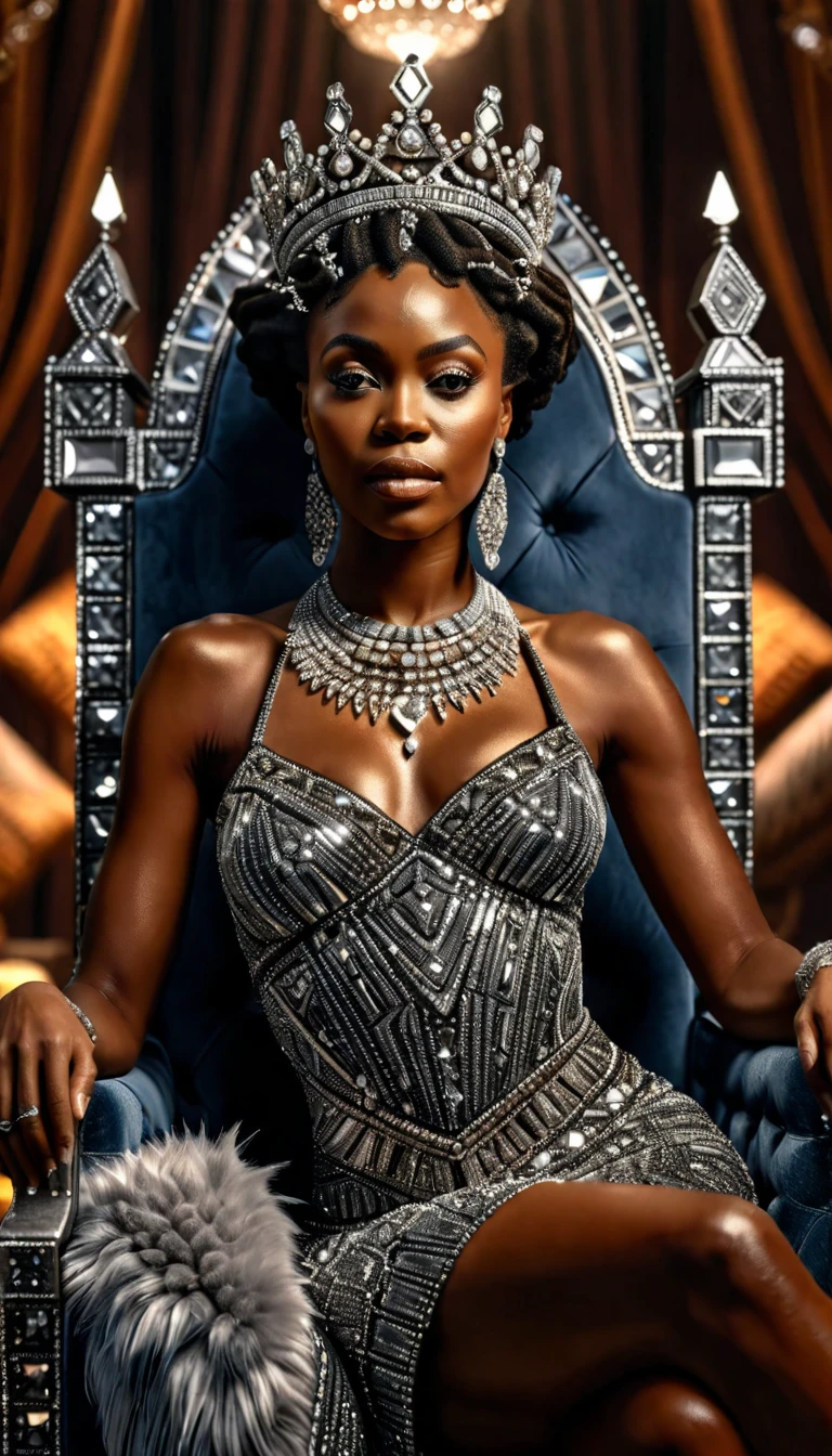 (a frontal view), (camera facing the subject), A very beautiful black african queen sitting on a diamond throne made of diamond, intricate details, dramatic lighting, hyperrealism, photorealistic, cinematic, 8k sharp focus, style expressive, frontal view, camera facing the subject