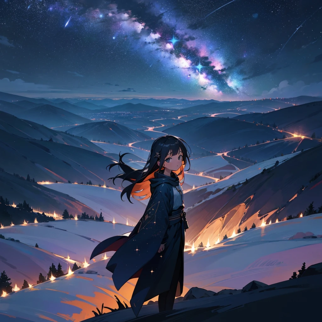 beautiful girl, At the top of the mountain, Night view, Night Sky, Starry Sky, Asahi