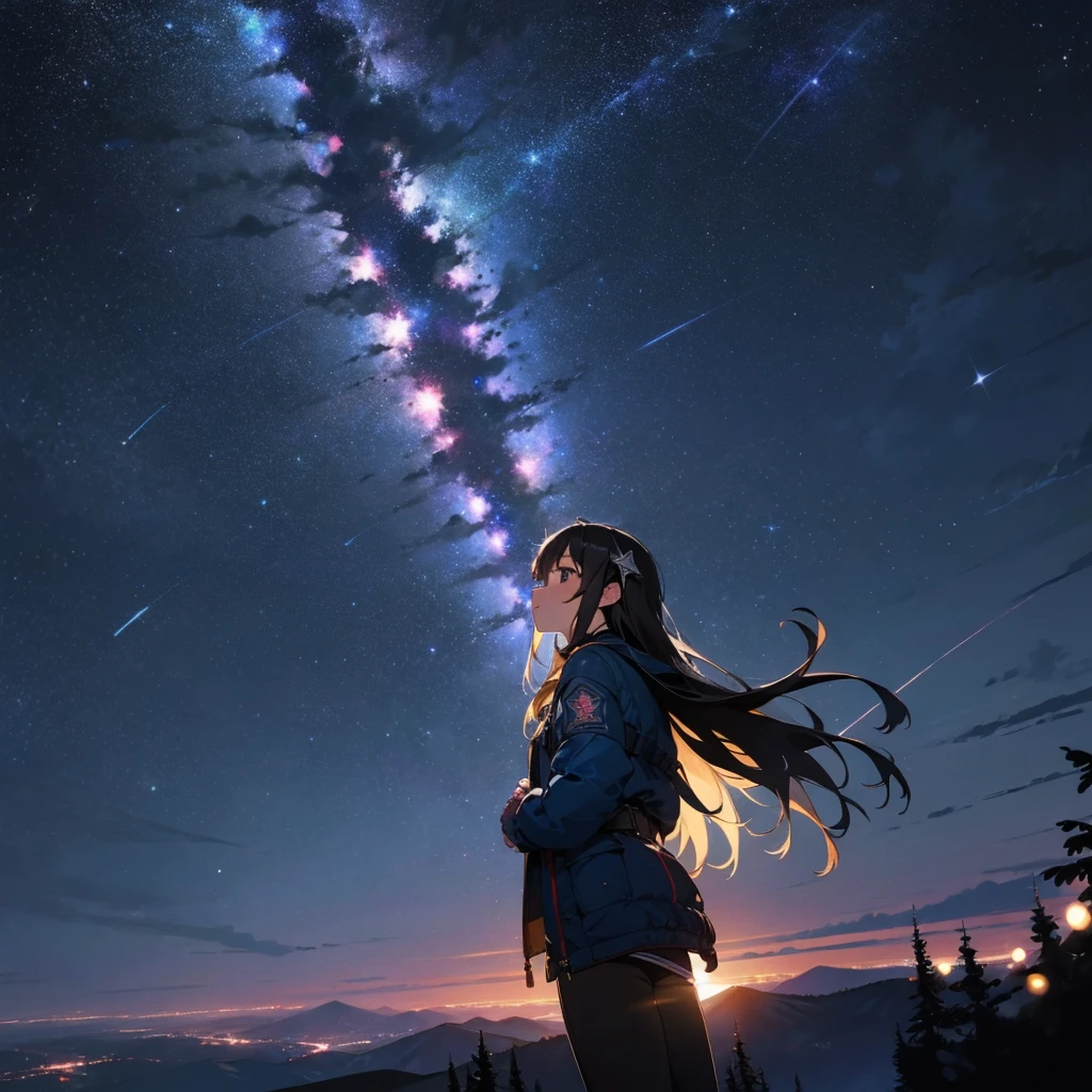 beautiful girl, At the top of the mountain, Night view, Night Sky, Starry Sky, Asahi