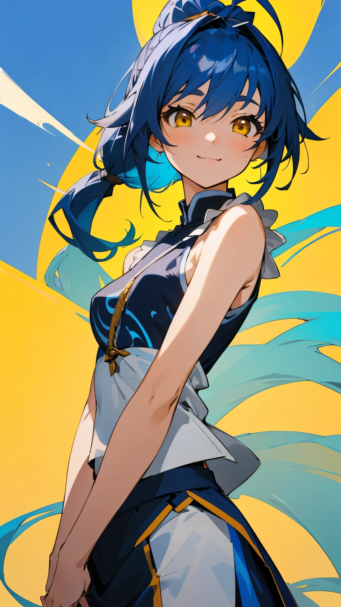 1 girl、Anime style painting、Small breasts、Ultramarine colored hair、ponytail、Glowing yellow eyes、Bangs between the eyes、Ahoge、From the side、Sleeveless shirt with ethnic pattern、 skirt、Upper body close-up、smile、Relaxed smile、Rural Village