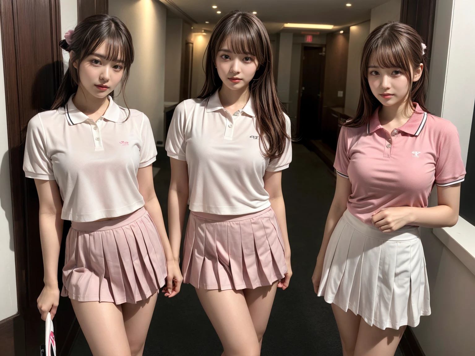 masterpiece, best quality, illustration, Super detailed, fine details, High resolution, 8K,wall paper, perfect dynamic composition,(Details High quality, realistic depiction of eyes:1.3), (2 girls), BREAK (white theme:1.4), (tucked-out short sleeve white polo shirt:1.4), (pink lines on tops outline:1.3), (pure white pleated mini skirt:1.3), (hem of top covers top half of skirt:1.3), (pink fluffy scrunchie on wrist:1.3), (white and pink sports shoes:1.2), sitting, open legs, short bob hair, in a hotel room in the background, deep on field, (large breasts:1.2), black hair color, Big Natural Color Lip, (perfect body shape), crying a little、Harajuku style、20 year old girl、cute type、beautiful legs, Gravure Idol