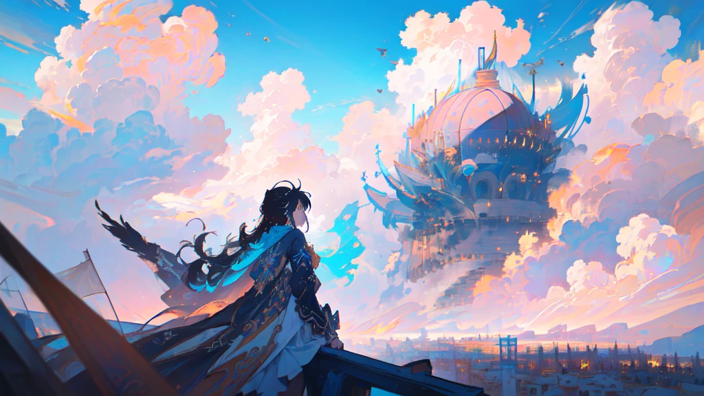 xuer flies over,  1girl, (dramatic, gritty, intense:1.4),masterpiece, best quality, 32k uhd, insane details, intricate details, hyperdetailed, hyper quality, high detail, ultra detailed, Masterpiece, Cyan sky, cloud, cloudy sky
(byzantine_fashion:1.4),