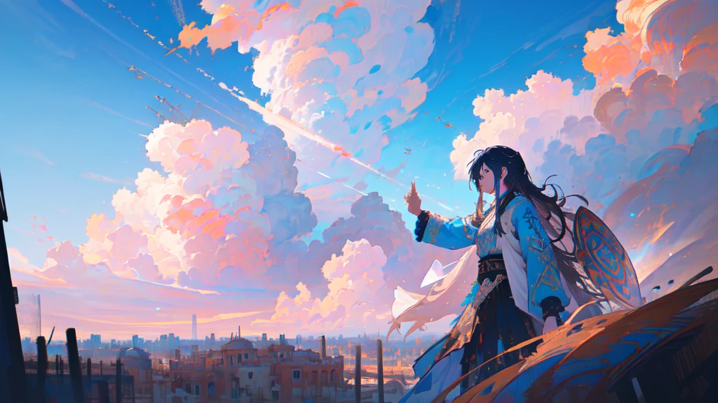 xuer flies over,  1girl, (dramatic, gritty, intense:1.4),masterpiece, best quality, 32k uhd, insane details, intricate details, hyperdetailed, hyper quality, high detail, ultra detailed, Masterpiece, Cyan sky, cloud, cloudy sky
(byzantine_fashion:1.4),
