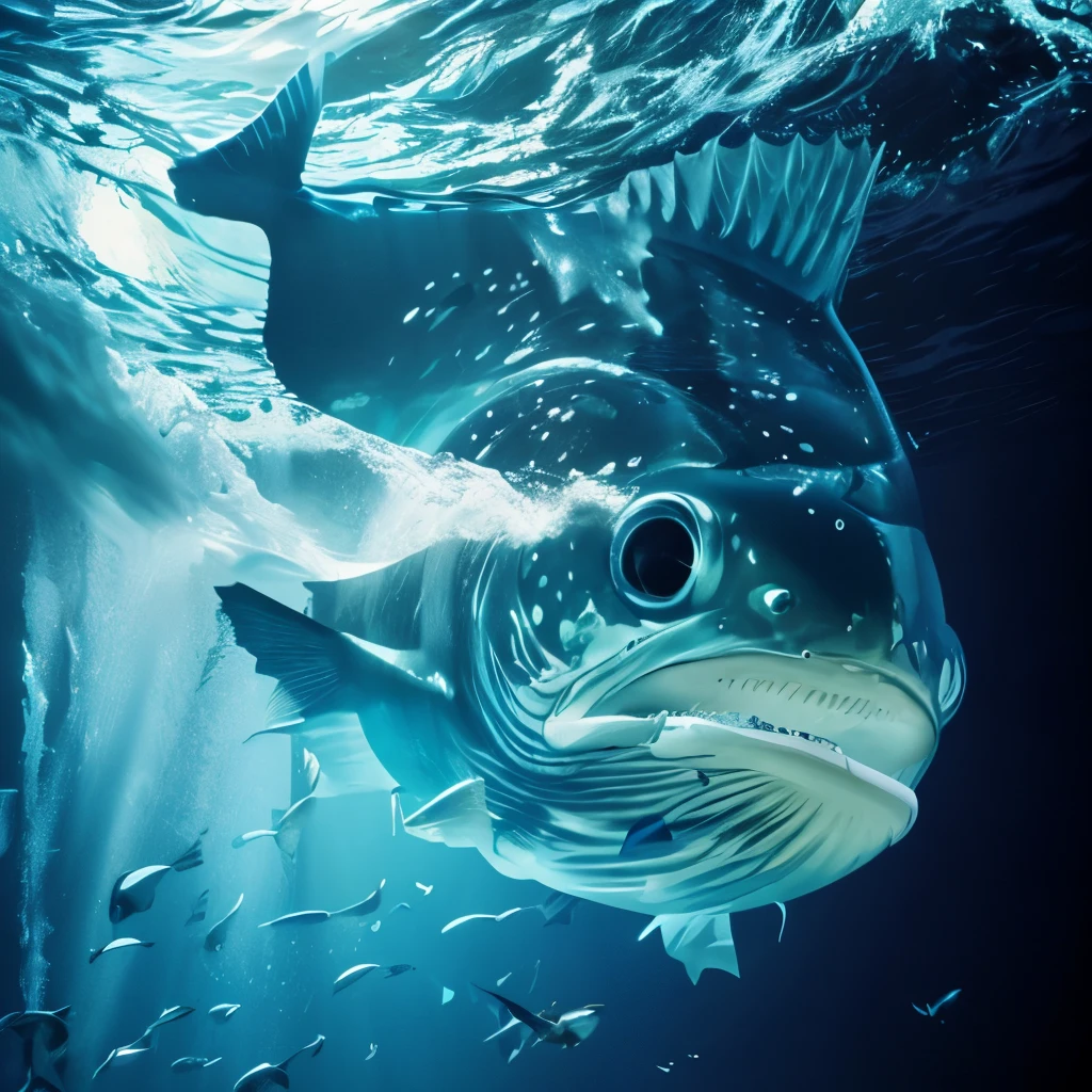 Photorealisic style, a scene about a gigantic fish, submerse into seawater, with its head is in water, whilst its tail is still exposed over water surface, with splashing wave