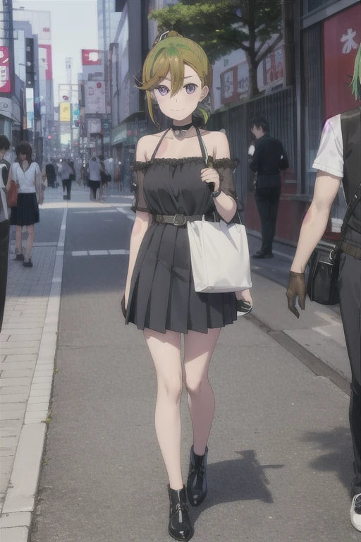 One girl, Bruises, alone, Green Hair, bangs, Hair between the eyes, Side Ponytail, Purple eyes, A light smile, Black choker, clavicle, No sleeve, Black Dress, No sleeve dress, Halter neck, Pleated skirt, Black gloves, belt, Black footwear, akihabara (Tokyo), View your viewers, ice_cream_cone , Perfect hands, Perfect symmetry, Perfect Anatomy, Very detailed,  masterpiece, Highest quality, so beautiful, Absurd, style:parsley 