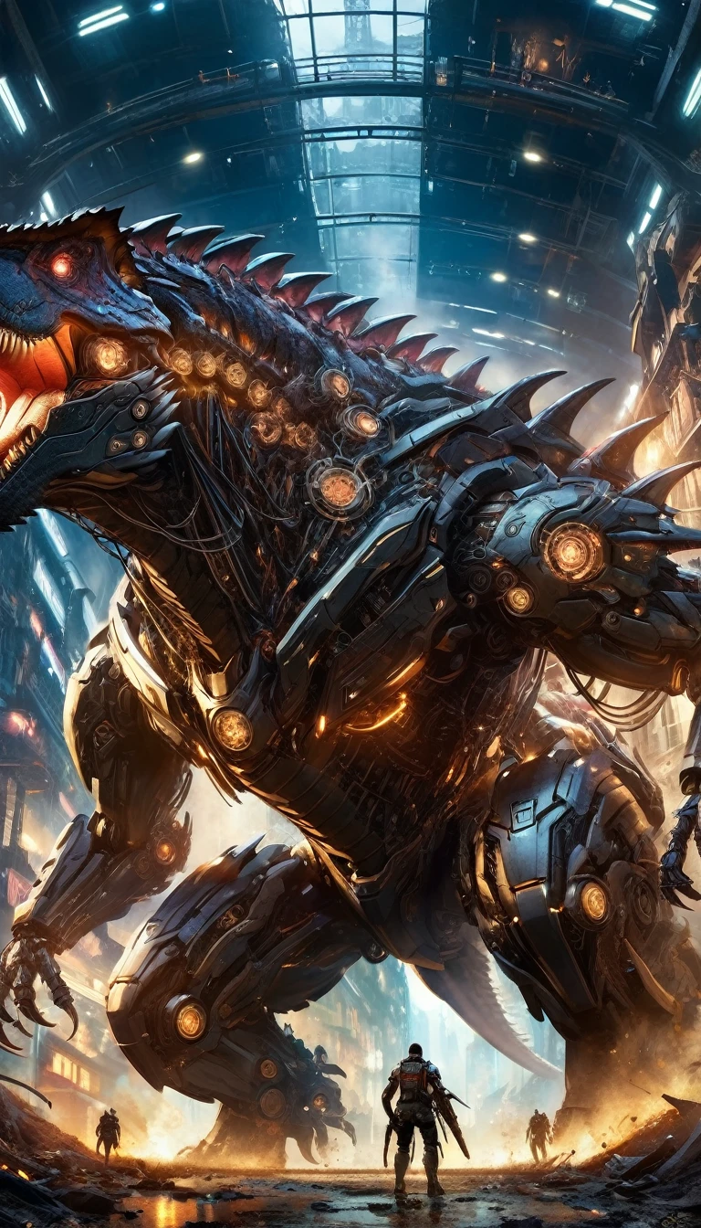 fantasy, sci-fi, dark fantasy, wide angle,  biomechanical monster, Tyrannosaurus, intricate details of mechanical parts, war machine monster, human rider on mechanical monster, immersive background of fantasy war of mechanical monsters, digital painting