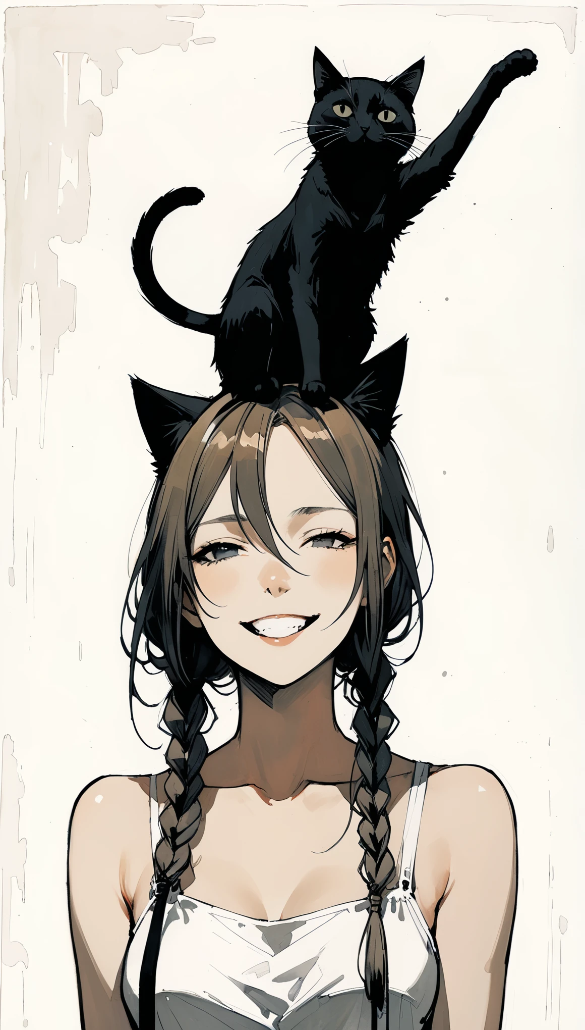 in style of Santiago Caruso,in style of ashley wood,in style of Albert Marquet,in style of Barnett Newman
character concept design,(1girl:1.1),upper_body,front braid,cat on head,{arm above head:1.4},laughing