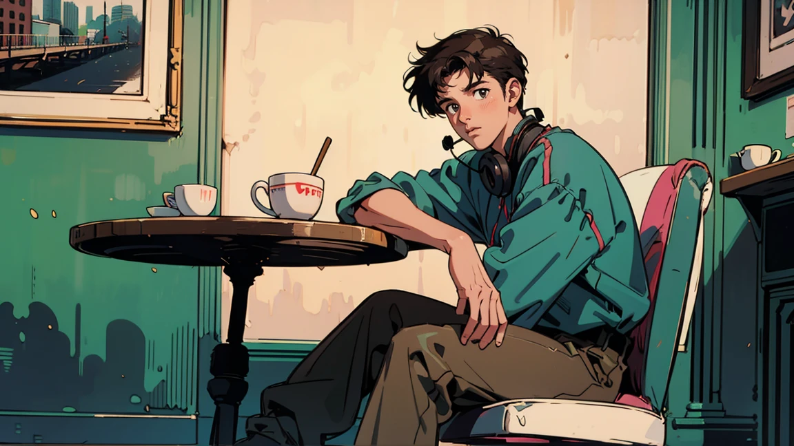 Highest quality, 8k, 1990s style,Hairstyles of the 2010s, 21 year old boy, Brown Hair, Light brown eyes, City Pop, pants, Wear headphones, whole body, Relax Coffee,table,making,look at me, Cafe