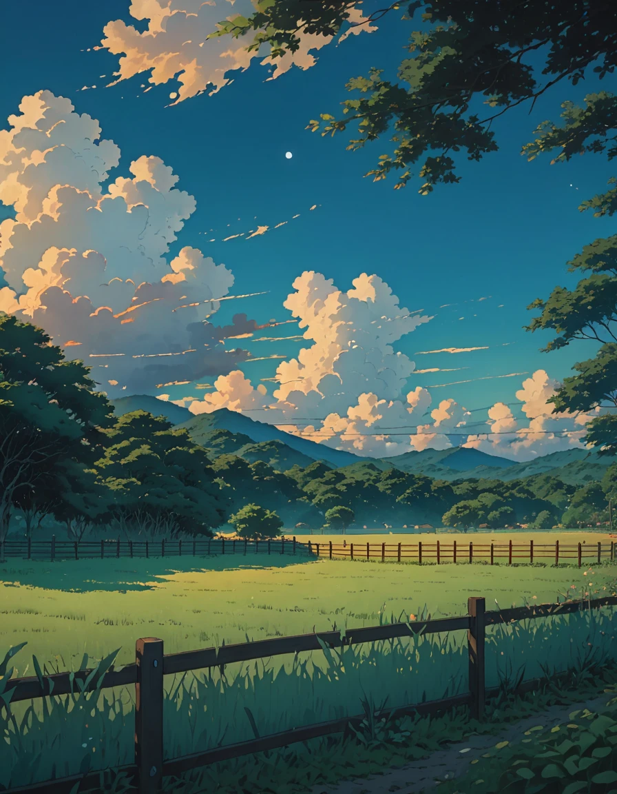 Obra maestra 8k Studio ghibli A serene landscape of a grass field with trees in the background, fence under a clear blue sky with clouds. shade, solar lighting 8khdr!!!! crepusculo ensueño