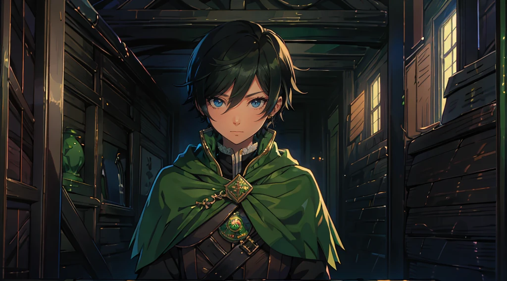 yuichiro hyakuya, (WithoutFear:1), 1 boy, black hair, green eyes, brown coat, gray armor, green shield, green cloak, dark brown gloves, town, white fur trim, tall, anime, standing, good quality, portrait, looking at viewer