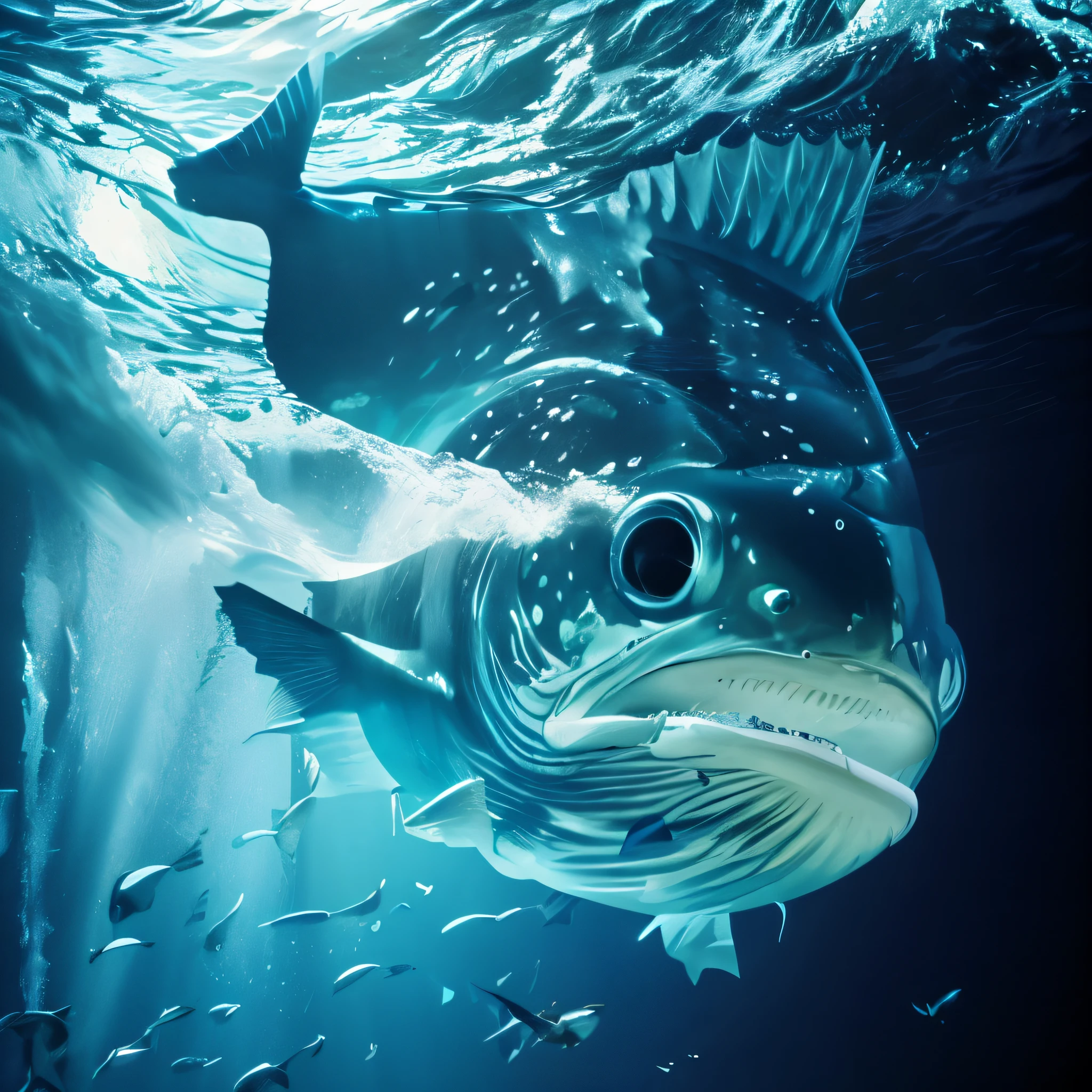 Photorealisic style, a scene about a gigantic fish, submerse into seawater, with its head is in water, whilst its tail is still exposed over water surface, with splashing wave 