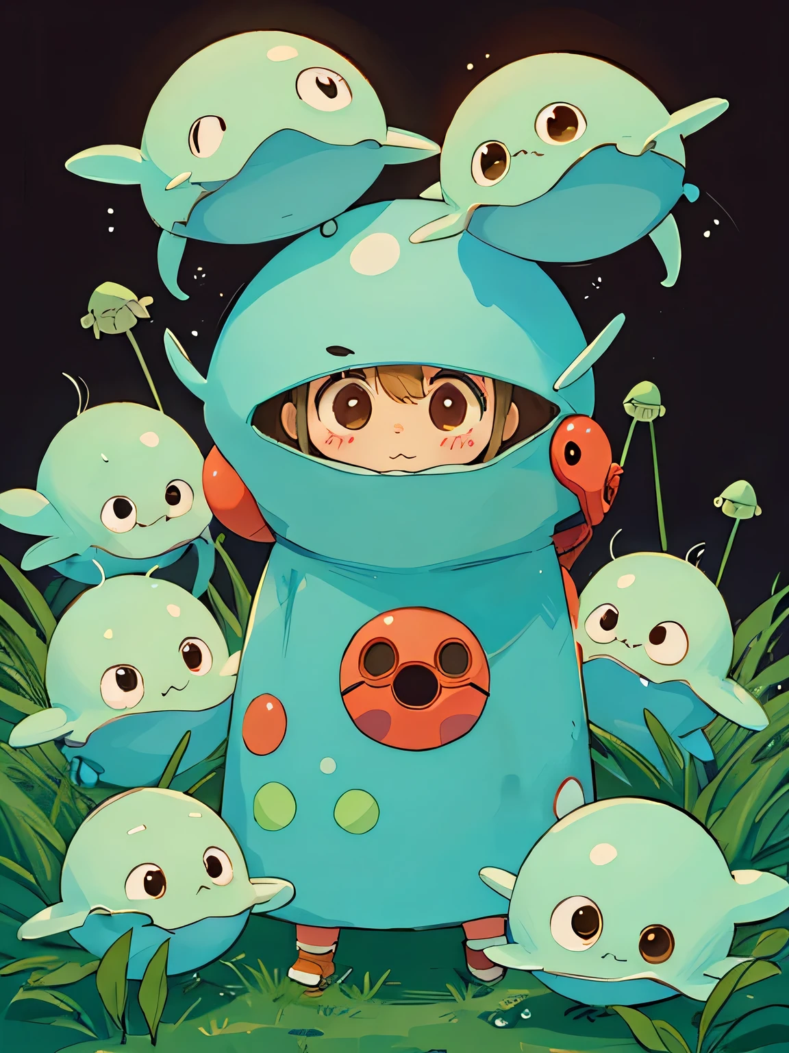 hayao miyazaki style, Kawaii Design, (((Cute Aliens))), (((hide and seek))), The background is Mars