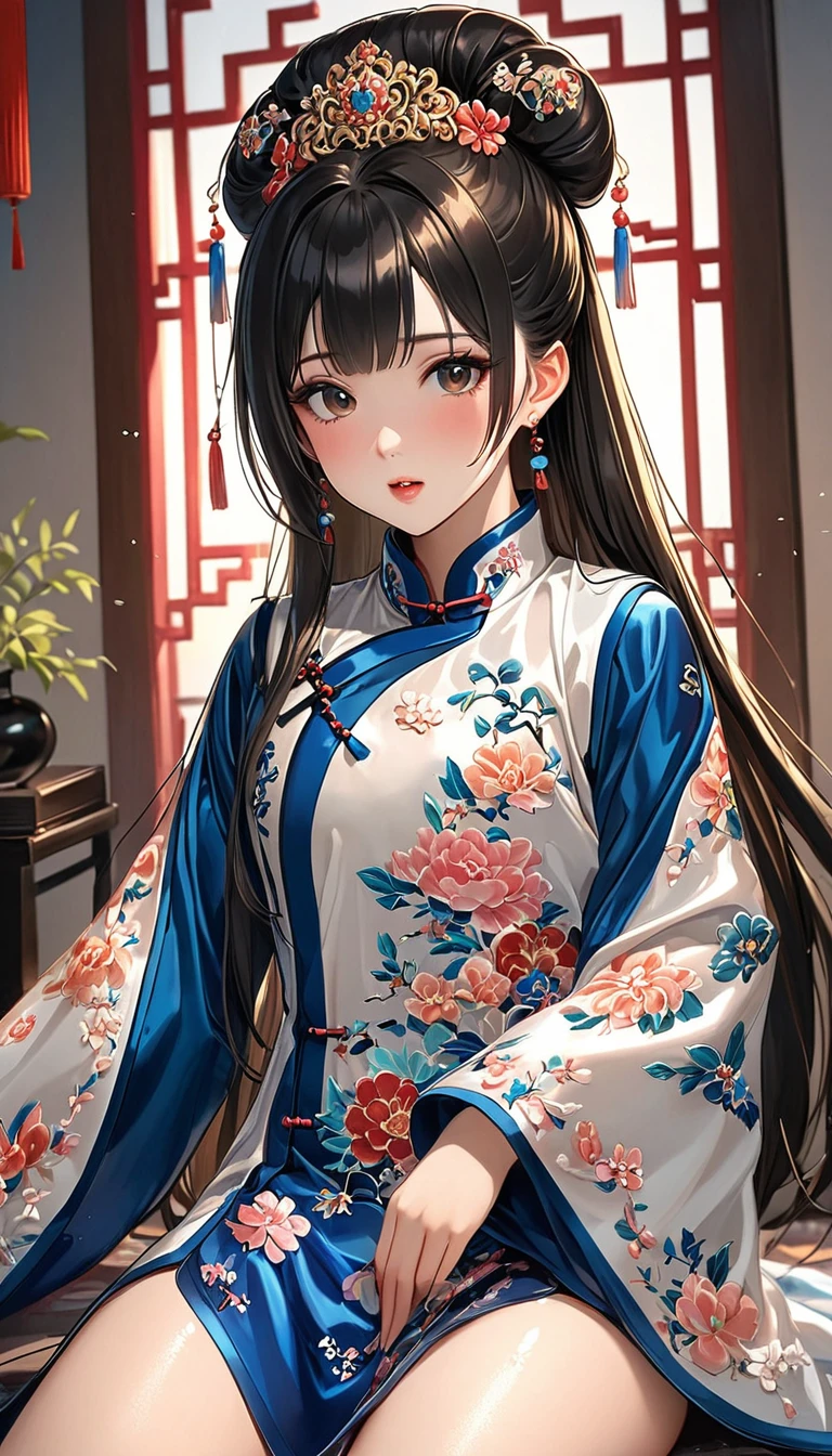Beautiful 15-year-old Chinese princesses with long black hair Gorgeous embroidery, Ultra glossy, She is wearing a shiny royal long sleeve Chinese jacket.... She is wearing a Chinese jacket 彼女達は花柄の赤いビニール布団の上でPoopをする Extremely thick poop They climax and cry while cumming She has hairy swollen pussy They excrete a lot of waste. Scat sex Filth Poop Defecation