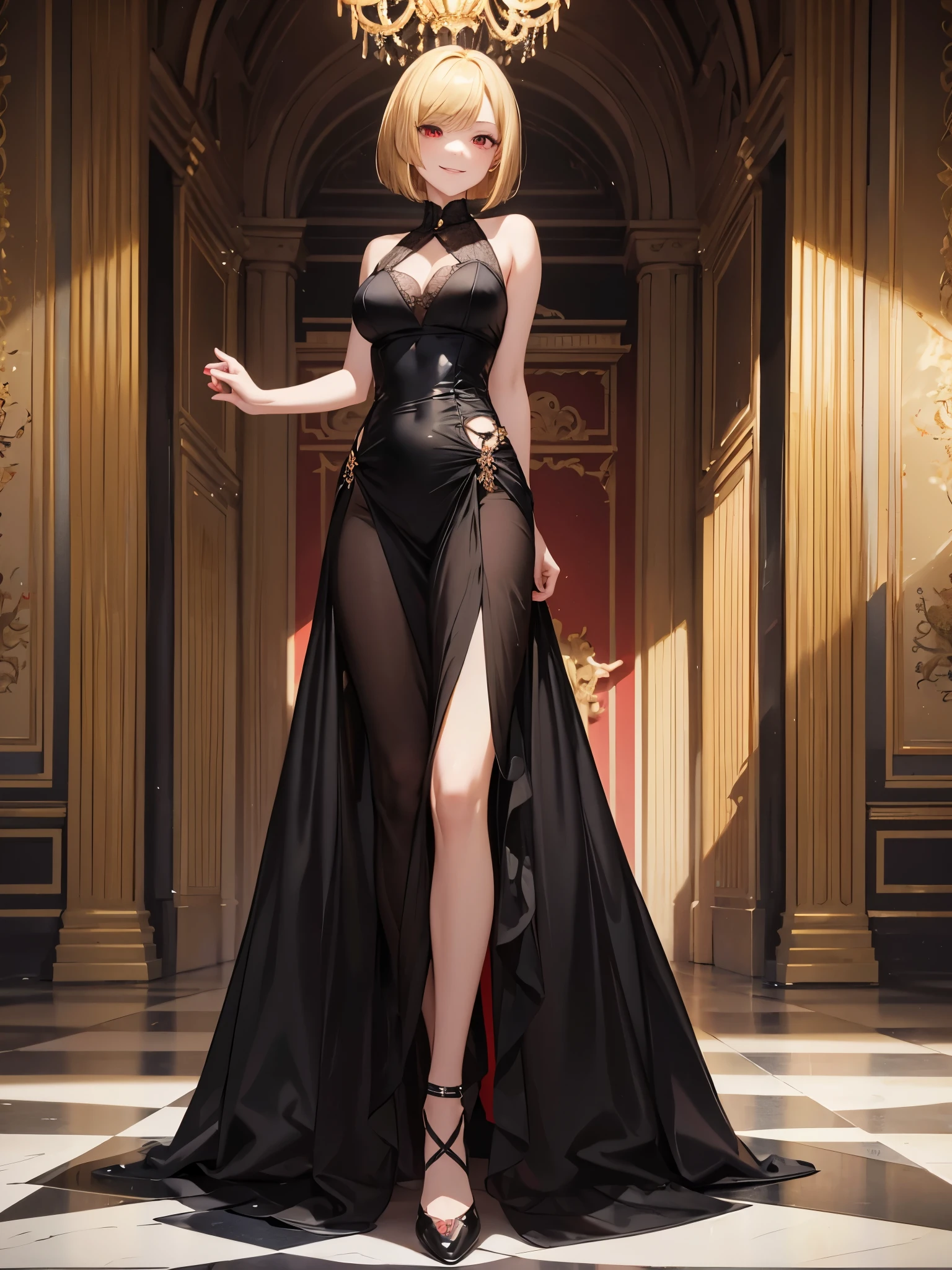 masterpiece. best quality. A woman in a  black long dress. red eyes. She has a blonde bob cut. She is smiling. She is dancing at the ballroom of Palace. full-body.