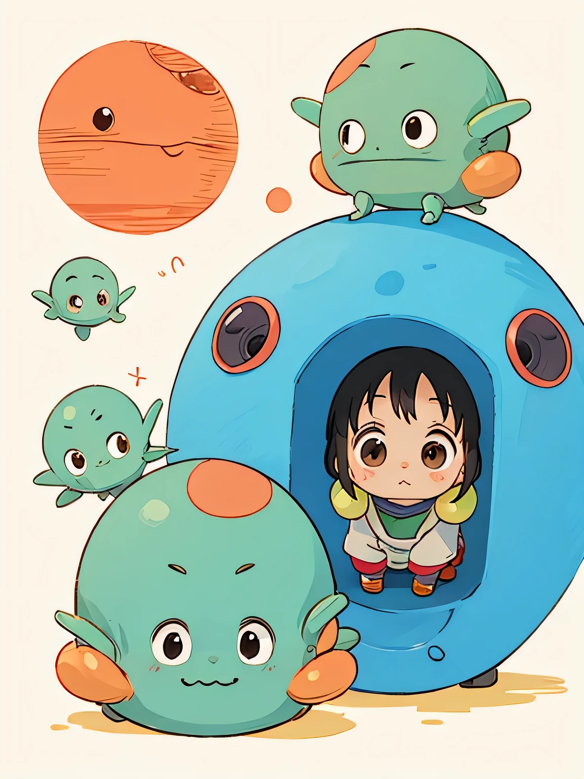 hayao miyazaki style, Kawaii Design, (((Cute Aliens))), (((hide and seek))), The background is Mars