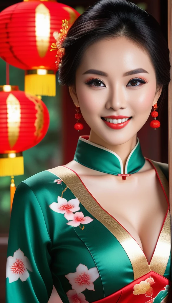 (masterpiece), Realism, high details, high quality, photorealistic, perfect face, expressive eyes, (an attractive woman in Cheongsam ), elegant woman, (light smile), luxury, (black hair with red tips, straight, multicolored hair, colored inner hair), emerald eyes, (full detailed red Cheongsam dress, Hair pins, chinese bikini, wide long sleeves, gold trim),height heel, hourglass body shape, well accentuated curves, slender figure, (Extremely detailed skin texture), Extremely aesthetic, (immersive), stylish, Extremely detailed realistic clothing, twilight, cherry blossom, glow Chinese lanterns, Chinese new year, (red and gold colors schemes), glossy lips, eyeshadow, beautiful makeup ,smiling in a confident, gentle smile,