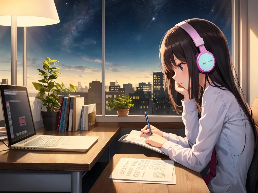 A girl studying at a desk with headphones on in a dimly lit room at night
