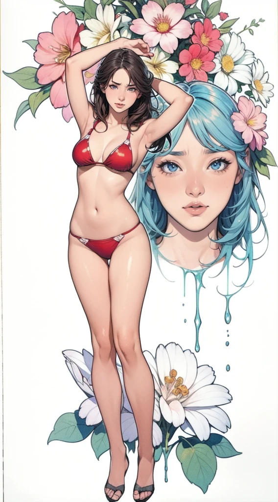 A rough sketch drawn with watercolors、Shows a highly detailed portrait of a head with flowers in hair。, とてもBeautiful Eyes, Beautiful Eyes, Perfectly centered image, White space around drawings, Focus on the face line, Dripping watercolor, Ink outline, Art by Carne Griffith and Alphonse Mucha, 32K resolution, Best Quality, Like a doll,Full body portrait,Swimwear,Red Bikini,Stretching and looking into the distance