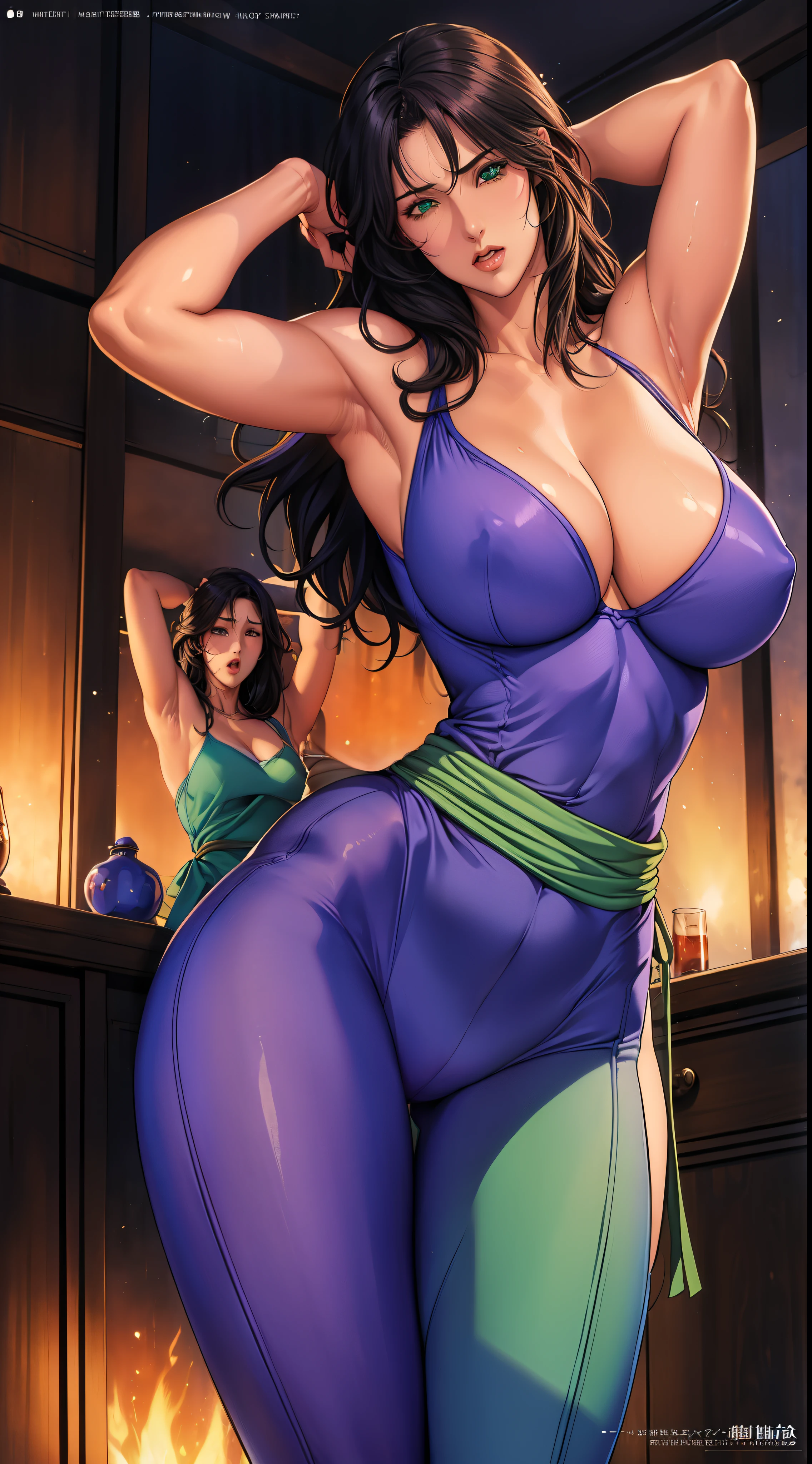 (8ก, 最high quality: 1.2), Very detailed, Complete solution, (Realistic, Realistic photo: 1.5), Portraiture, High resolution RAW color photograph, Professionally arrested, High resolution and beautiful, High resolution, 8ก Image Wallpaper, Amazing details, Large file size, Very detailed美しい女の子, Very detailed face, (Super detailed and super beautiful eyes:1.8), The nose is precisely shaped., Expressive crimson lips, The background is not blurred, One Story, pretty girl, Realistic、 (Movie Scenes,Fantasy art,最high quality,high quality,High resolution,High quality texture,Attention to detail,Beautiful details,Fine details,Very detailedCG,Detailed Texture,Realistic representation of face,whole body photography,before,dynamic,bold),1 Girl,Very detailed肌,curve,(Purple bodysuit,Off the shoulder, Green sash :1.5),(Wearing a belt around his waist),(Fully expose your thighs to the viewer:1.4),(rope bondage:1.4),((Raise your arms above your head:1.6)),((Show both armpits:1.6)),Standing with legs spread from side to side,((Long legs)),((Poses that make your legs look longer)),(Nipples are visible:1.2),(Beautiful breasts,Under the chest,Large Breasts:1.5),Pale skin,Pointed Chest,(Very fine hairs),(Very soft hair),(Wavy Hair),Long, slicked bangs,Very light coppery amber hair,Long hair down to the waist,(Hair on one eye:1.3),(Open your mouth:1.2),Blue eyes,Sensual look,(Blushing),No sleeve,Mature Woman,Detailed fingers, Perfect hands, Length 180cm,Small face,sweating,Sweat on the face,((Small breasts:1.3)),((Small Ass:1.2)),Tied up woman,complain of embarrassment,(Angry),shout,Soft thighs,sexy legs,Sexy ass, Cleavage,Open the chest,Smooth thighs and legs,((Amazing orgasm)),Big Sexy Ass, ((Long and beautiful leg details)),Wearing high heels,Perfect Body Proportions,(Slim body), (Slim waist),Nipples visible,The areola is protruding,Tight waist,(Long legs:1.6),Thighs open,Huge :1.1,perspective:1.2,Looking at the audience,Character-centric,symmetry diagram,whole body:1.5,From above:1.1,Abdominal shot