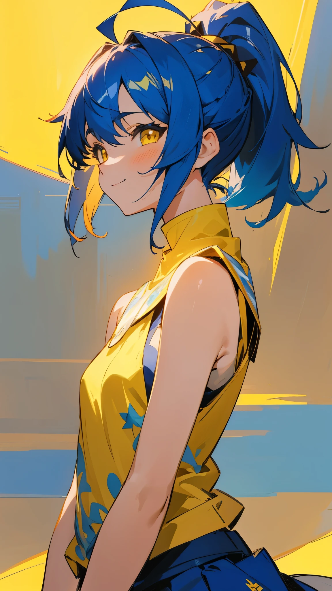 1 girl、Anime style painting、Small breasts、Ultramarine colored hair、ponytail、Glowing yellow eyes、Bangs between the eyes、Ahoge、From the side、Sleeveless shirt with ethnic pattern、 skirt、Upper body close-up、smile、Relaxed smile、Rural Village