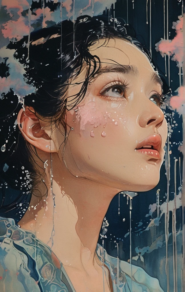 The woman gazes sadly at the sky, tears streaming down her face, A delicate and beautiful realistic animation, A beautiful woman takes shape and materializes from the crystal clear shining water, The transparent and mysterious liquid is like a sculpture, where the liquid takes shape and the drops fold over to form a beautiful woman, The mysterious transparent liquid, in which the shape of a woman is embodied, emits a bewitching pale pink light from within and shines brightly