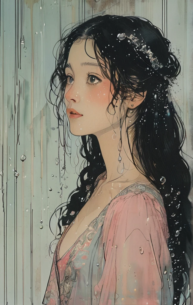 The woman gazes sadly at the sky, tears streaming down her face, A delicate and beautiful realistic animation, A beautiful woman takes shape and materializes from the crystal clear shining water, The transparent and mysterious liquid is like a sculpture, where the liquid takes shape and the drops fold over to form a beautiful woman, The mysterious transparent liquid, in which the shape of a woman is embodied, emits a bewitching pale pink light from within and shines brightly