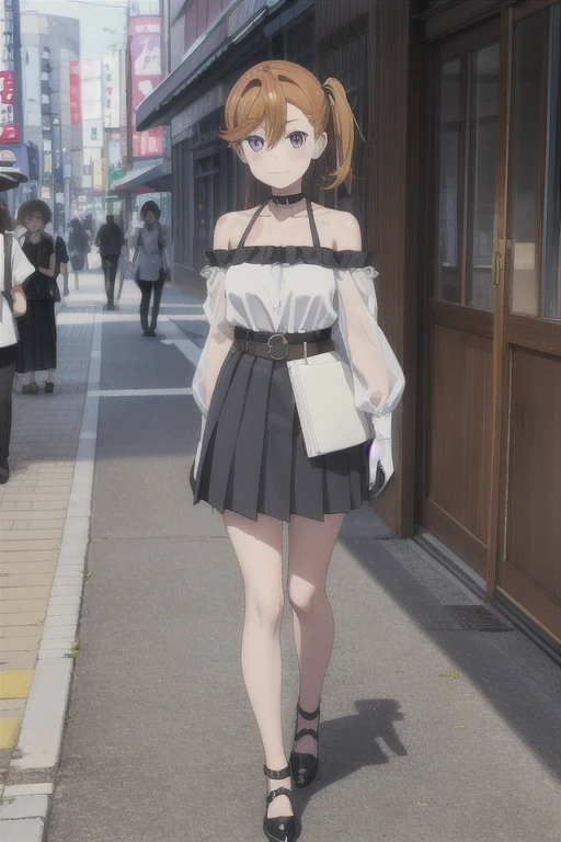 One girl, Bruises, alone, bangs, Hair between the eyes, Side Ponytail, Purple eyes, A light smile, Black choker, clavicle, No sleeve, Black Dress, No sleeve dress, Halter neck, Pleated skirt, Black gloves, belt, Black footwear, akihabara (Tokyo), View your viewers, ice_cream_cone , Perfect hands, Perfect symmetry, Perfect Anatomy, Very detailed, masterpiece, Highest quality, so beautiful, Absurd, style:parsley