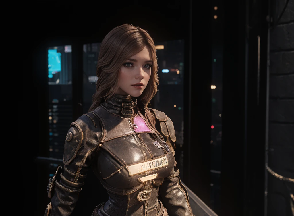 1girl, 35yo, female breton, (upper half portrait:1.3), gothic, wearing tight latex dress, posing, standing, balcony outdoor background, looking the viewer, indoor lights coming to her face, medium breasts, cyberpunk 2077 style