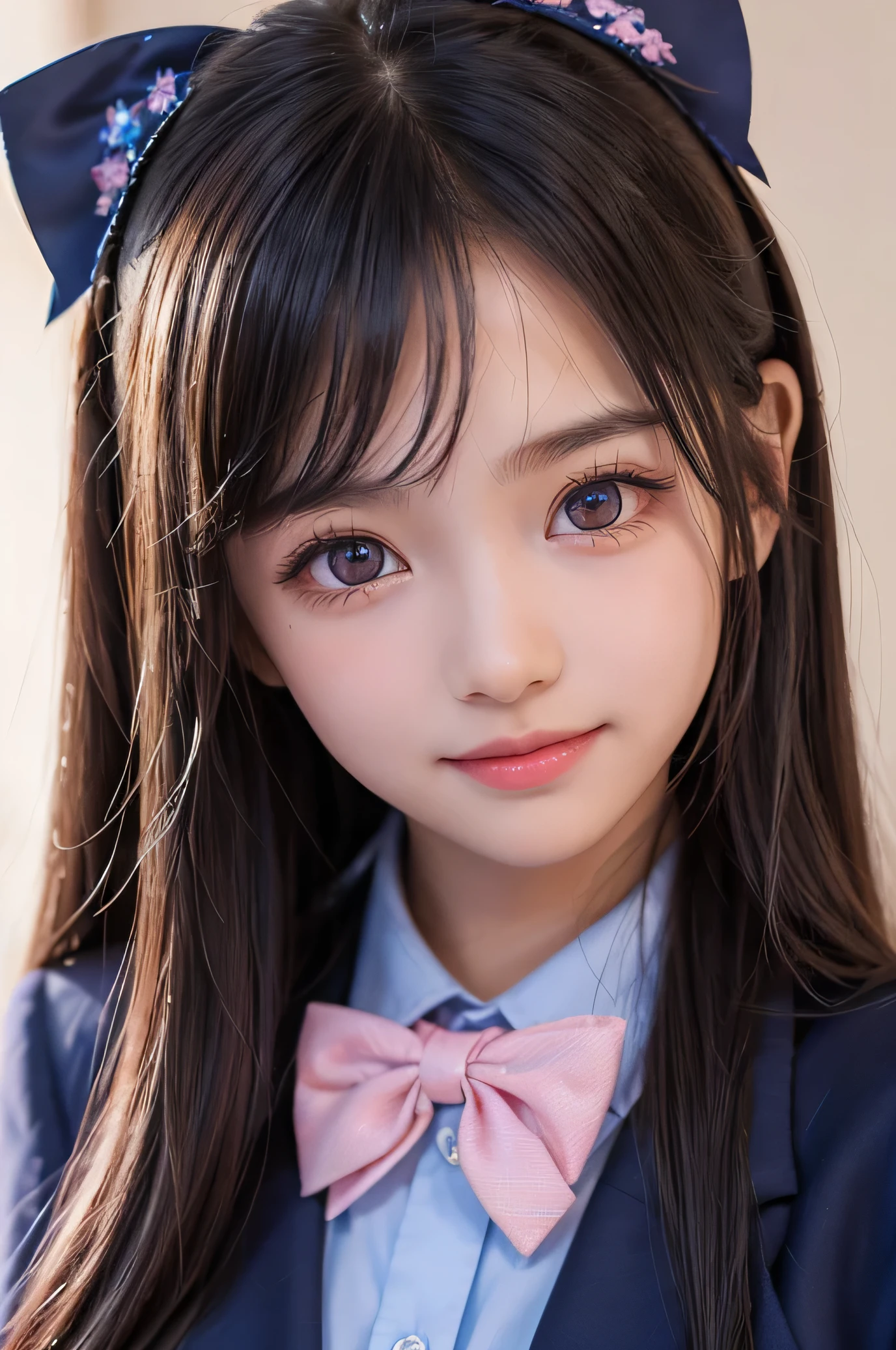 (Very beautiful  cute girl), (very  cute face:1.2),9 yo, (),(sparking crystal clear attractive large eyes:1.2), Beautiful detailed eyes, Detailed double eyelids, (smiling), (realistic photograph:1.1), long straight hair,dark blue blazer high-school uniform,professional close-up portrait ,pink ribbon bow tie 