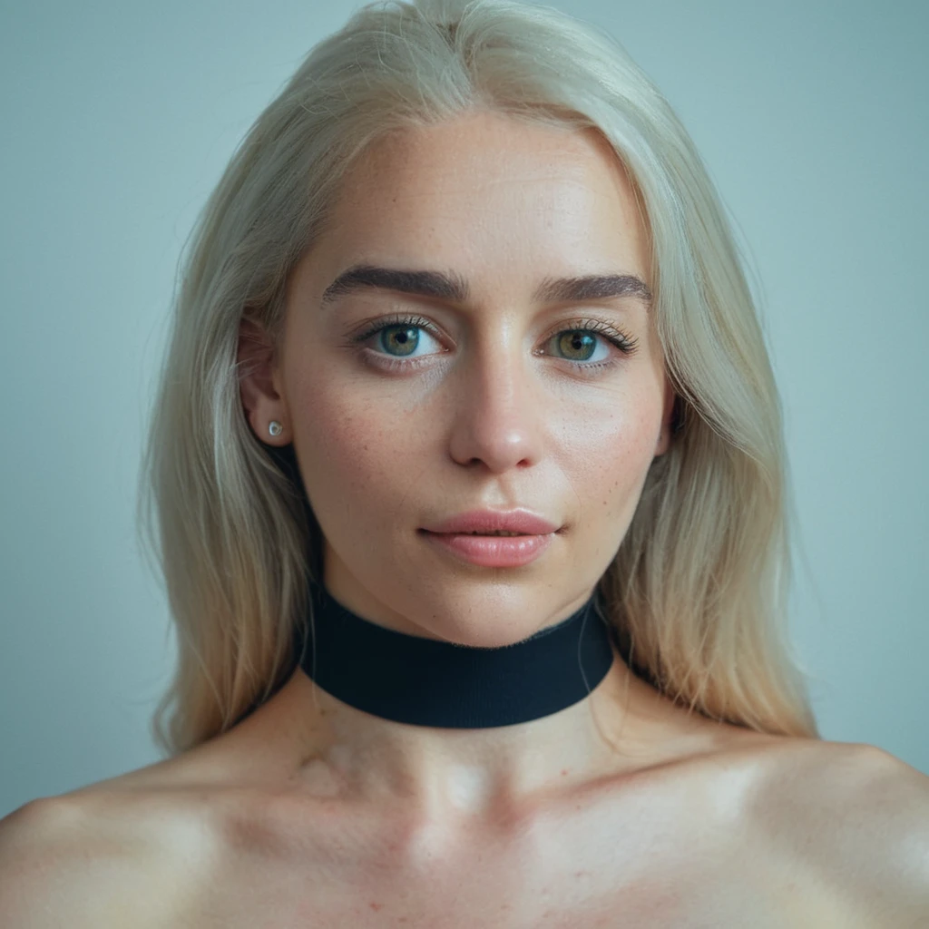 (Skin texture, pores, blemishes), Super high res portrait photo of a pretty woman wearing a small choker,f /2.8, Canon, 85mm,cinematic, high quality, skin texture, looking at the camera, skin imperfections,   