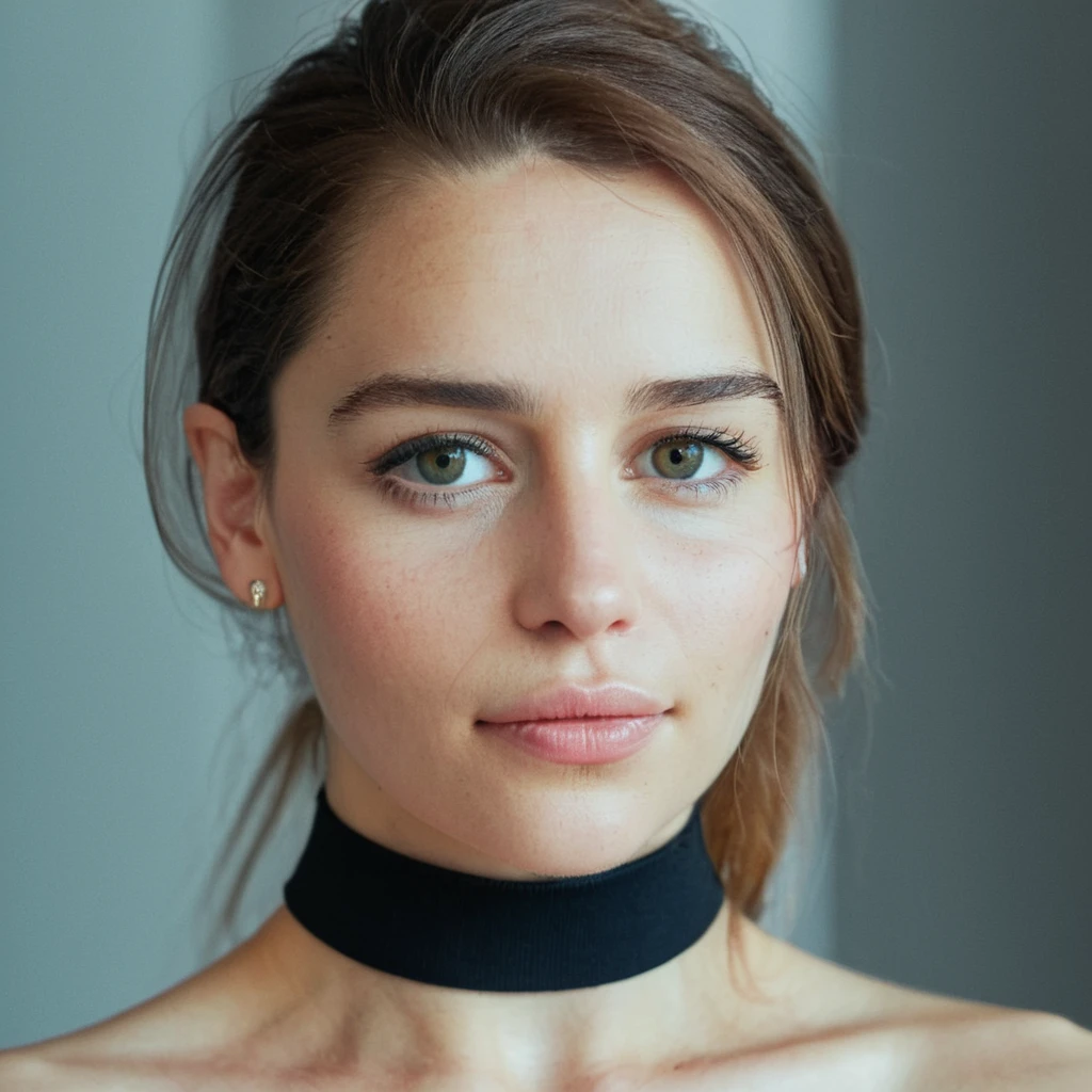 (Skin texture, pores, blemishes), Super high res portrait photo of a pretty woman wearing a small choker,f /2.8, Canon, 85mm,cinematic, high quality, skin texture, looking at the camera, skin imperfections,   