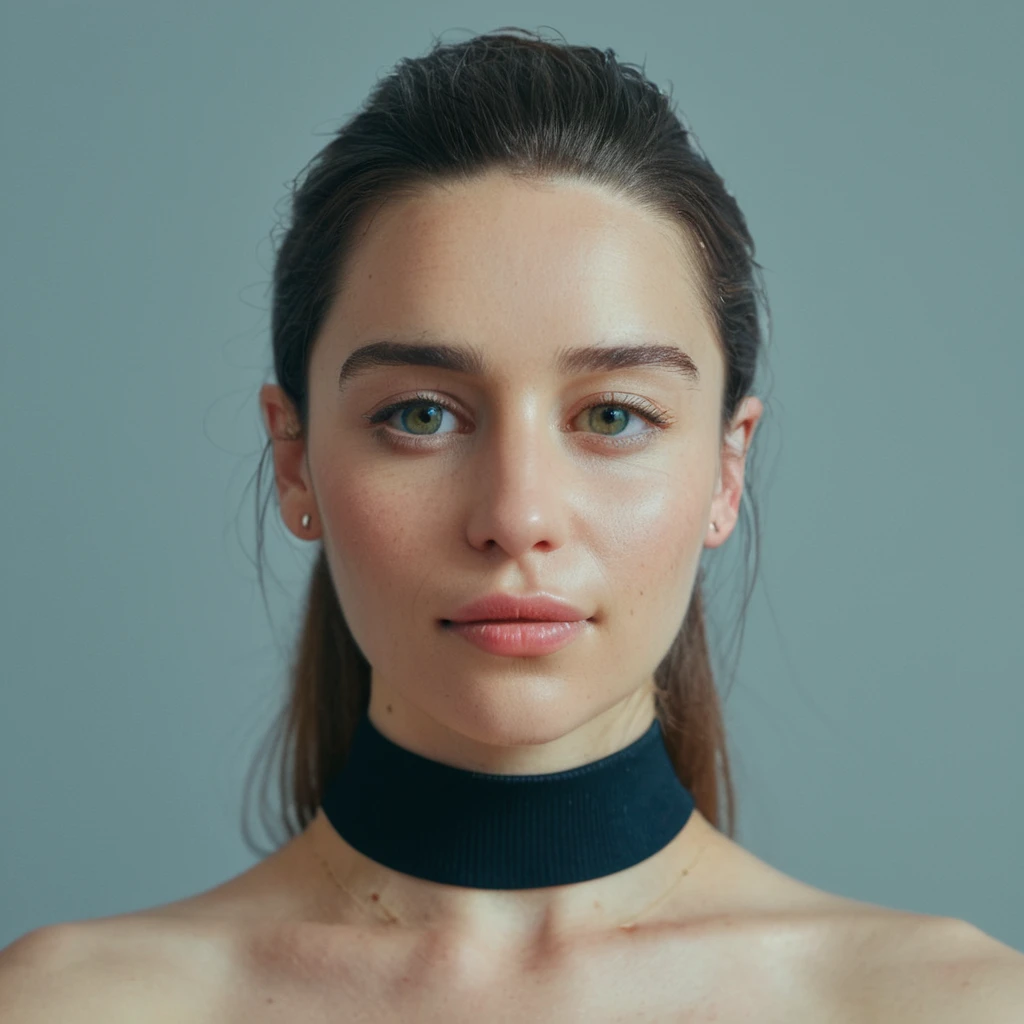 (Skin texture, pores, blemishes), Super high res portrait photo of a pretty woman wearing a small choker,f /2.8, Canon, 85mm,cinematic, high quality, skin texture, looking at the camera, skin imperfections,   