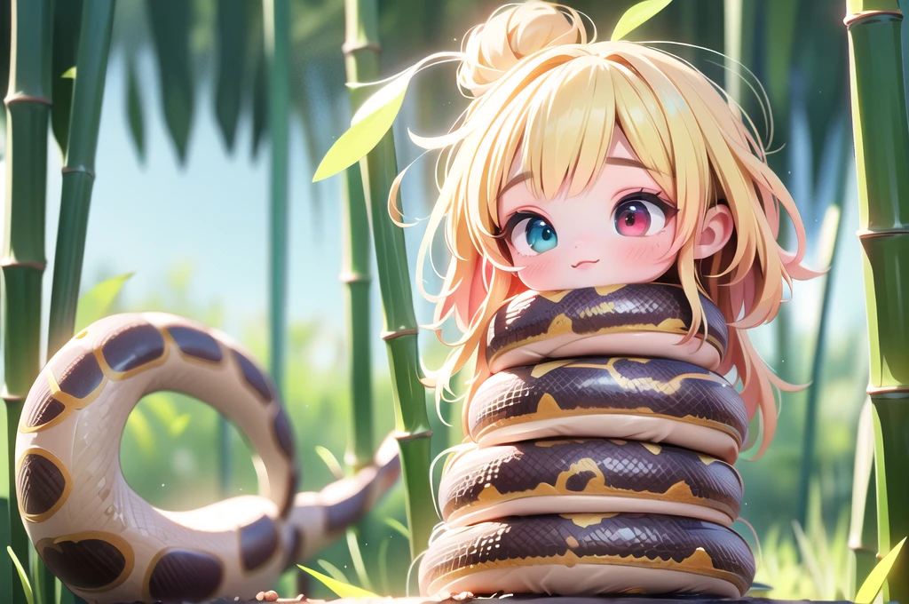 1 girl,solo,bangs,(heterochromia:1.4),(red eyes:1.4),(blue eyes:1.4),very long blonde hair,blue skirt,blue sky,blush,red bow,closed mouth,best quality, highres, unique hair detailed, beautiful detailed eyes, cleavage, snake, (coiled), (python), snake scales detailed, restrained, scared face, masterpiece}}}, {{highly extreme detailed}}, solo, Focus on the woman, {orgasm}, {sweaty}, {{python sex}}, (((object insertion))), jangle, spread arms, interspecies, bestiality, (Giant python bestiality, Giant python sex, ((Giant python Rape)), Giant python rape, Giant python Coils, Passionate Squeeze) (((Giant python coils, Passionate squeeze, ))), coils,((The girl is wrapped around a giant python)), ((giant python rape)), full body, giant python sex,