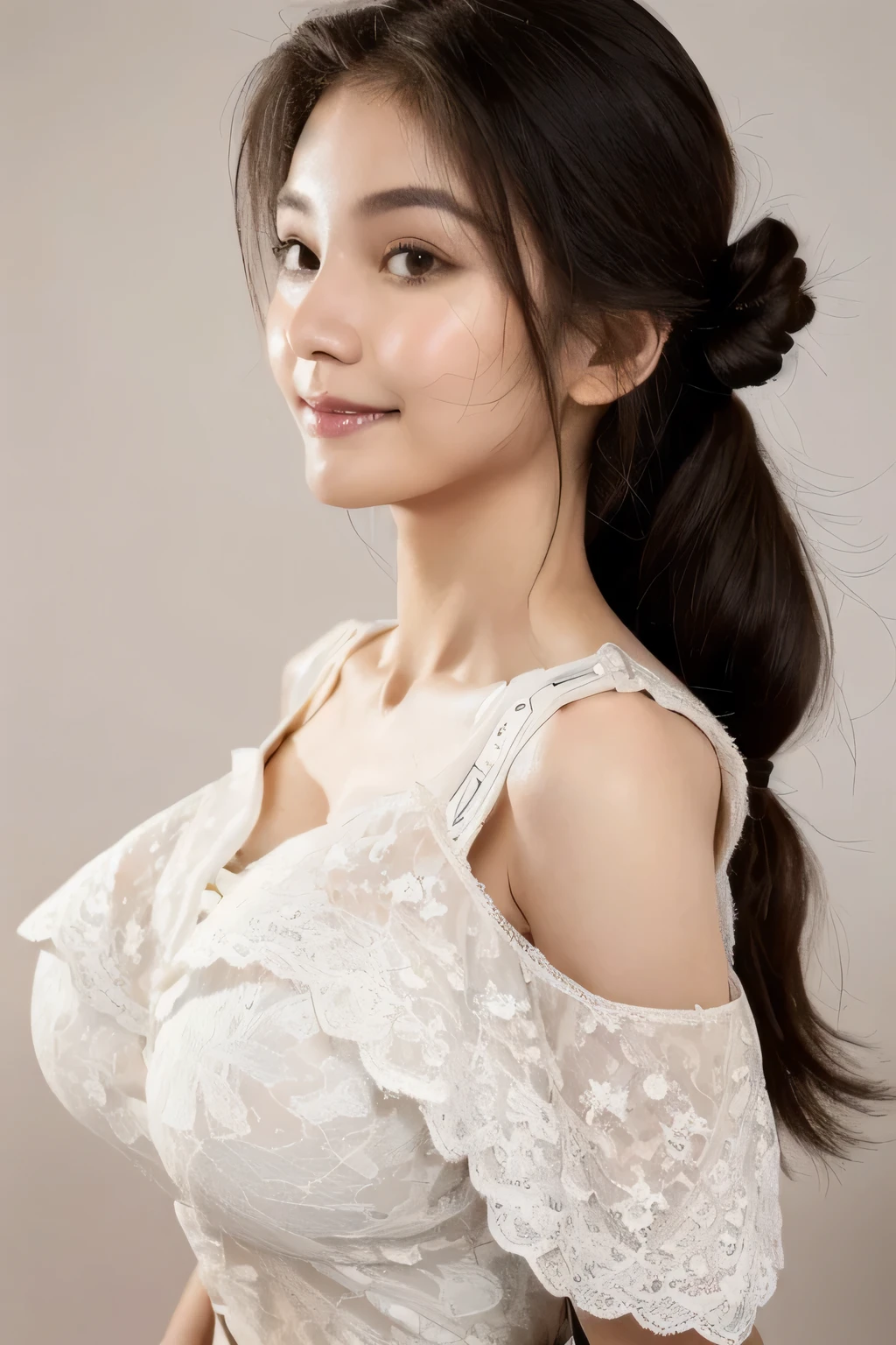 ((Highest quality, 8k, masterpiece: 1.3)), sharp: 1.2, Perfect Body Beauty: 1.6, ((Layered Hairstyles, Big Breasts: 2.0)), (white lace dress: 2.0, Off-the-shoulder dress: 2.0, Dresses with visible breasts: 2.0), ((long hair: 2.0)), ((necklace)), Earrings, ring, Bracelet, Hair Accessories, ((Beautiful young teenager woman)), ((Straight nose)), (Eyeliner), Armpit Hair, Bristles, ((White and beautiful skin)), Wavy Hair, Beautiful attention to detail, Super detailed, Highly detailed face and skin texture, fine grain, double eyelid, Black Hair, Big Ass, Lower Body, Thighs, (((Skinny))), Wet and shiny lips, smile, Get a grip on your body, ((Anatomically correct human body)), ((Crisp body shape)), Ribs, clavicle, Protruding skeleton, A face without nasolabial folds, Shyness, Thin eyebrows, Big eyes, (shoot from side: 1.0), (Narrow shoulders: 2.0), (Smile: 1.0), (A dress that exposes the upper half of the chest: 2.0)