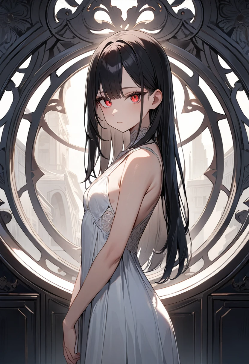 (masterpiece, top quality, very aesthetic, 4k、illustration), intricate detail, 1woman,、solo,contrapposto glowing eyes、,(cowboy shot)、light persona、(),beautiful face、from side、expressionless、straight hair、red to black gradient hair、,middle hair,sidelock ,red eyes、white Summer Dresses、small breasts、Slim 、