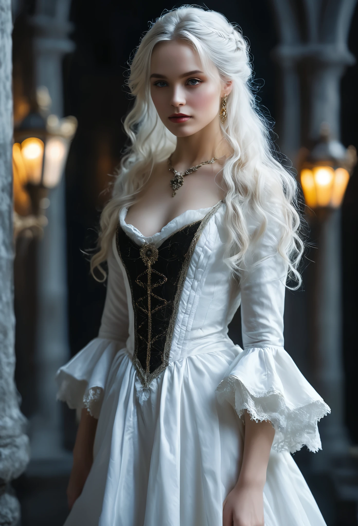 masterpiece, Highest quality, (alone focus), (Perfect Face:1.1), (Attention to detail:1.1),dramatic, 1 person, (Pale skin), Long white hair, White eyes, alone, Long Hair, moon, night, White Dress, Female vampire, Covered navel, Covered, Victorian cities, Detailed Background, Gothic Renaissance, Cinema Lighting,